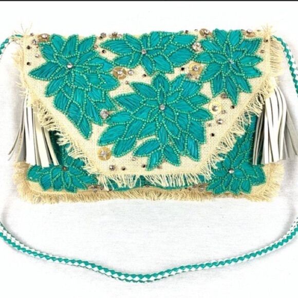 New Anthropologie ibBan Purse Mansi Straw Crossbody Envelope Clutch Beaded T… - Picture 1 of 6